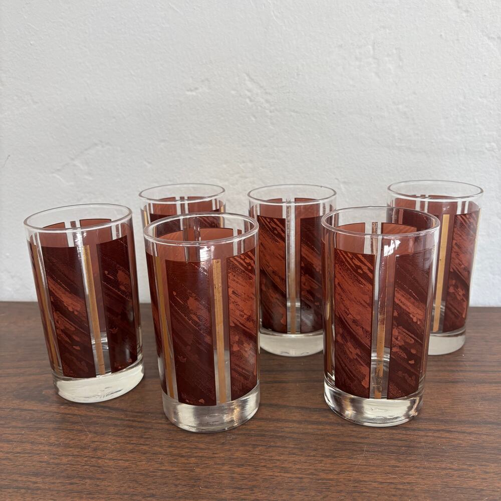 Vintage Libbey Walnut Wood Grain Drinking Glasses Set of 6 Gold Stripe MCM 5"